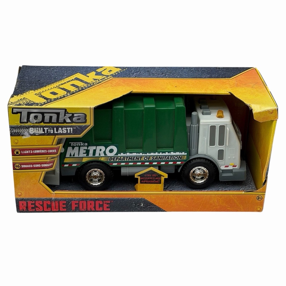 Tonka Rescue Force Green Garbage Truck Lights & Sound Sanitation Dept NEW